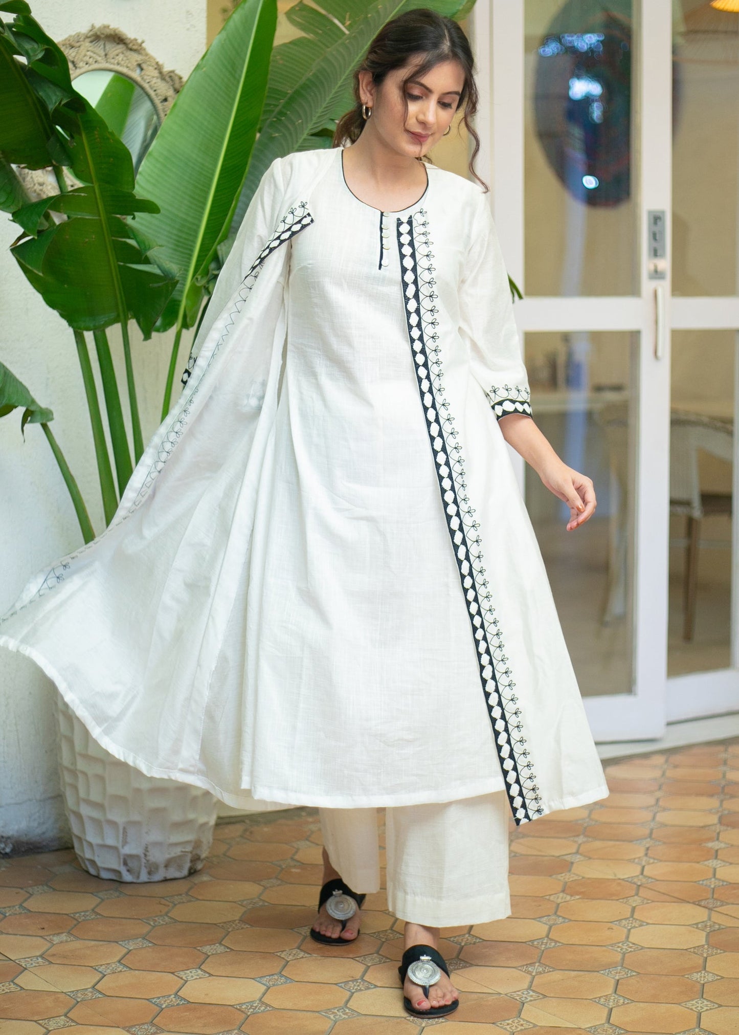 Classy White Cotton Kurta with Beautiful Embroidered Long Chanderi Shrug