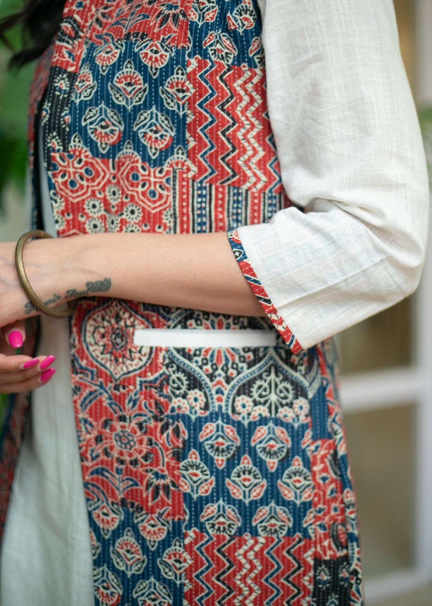 Must Have White Cotton Kurta with Multi Kantha Printed Patchwork Jacket - Pant Optional
