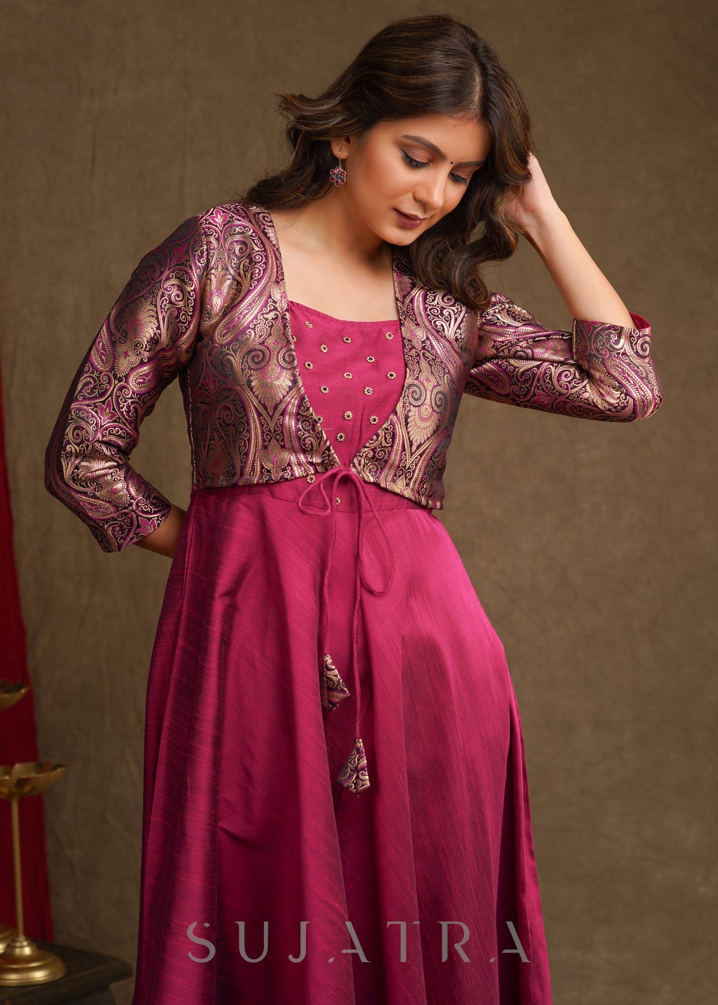 Beautiful Magenta Cotton Silk A-Line Kurta With Attached Banarasi Jacket - Pant Optional