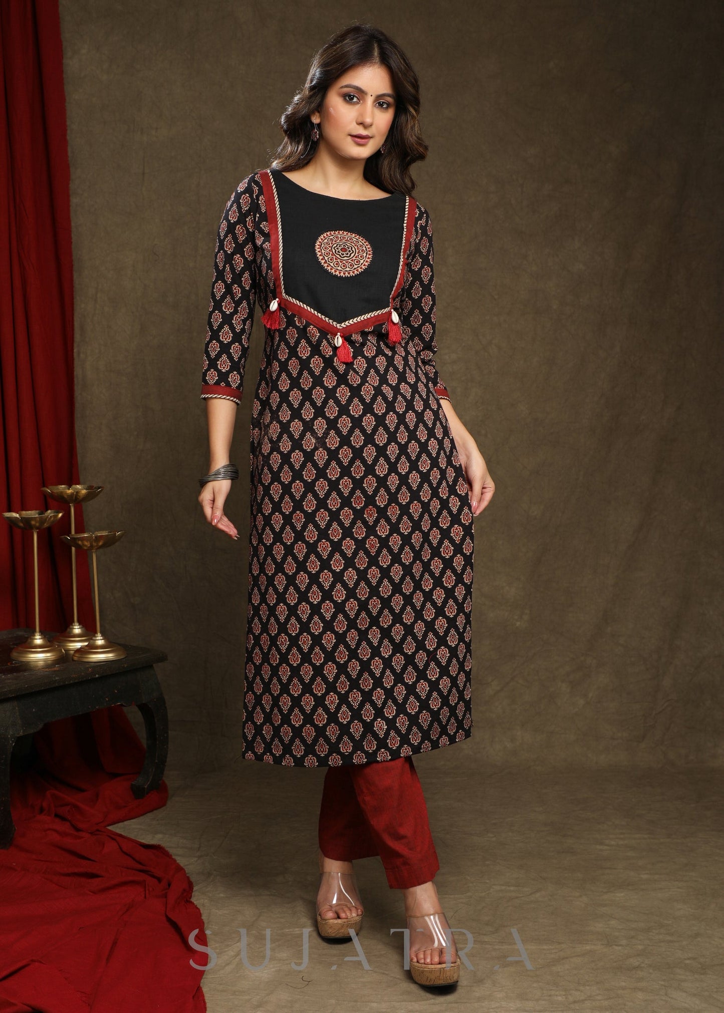 Beautiful Black Ajrakh Combination  Kurta With Ajrakh Applique On Yoke - Pant Optional