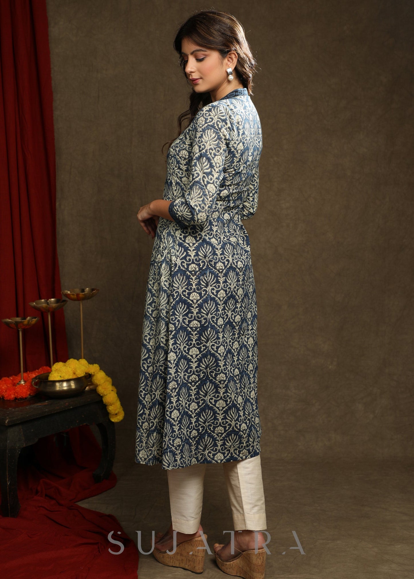 Smart Navy Blue Floral A-Line Jacket Style Kurta With Pearl Highlights - Pant Optional