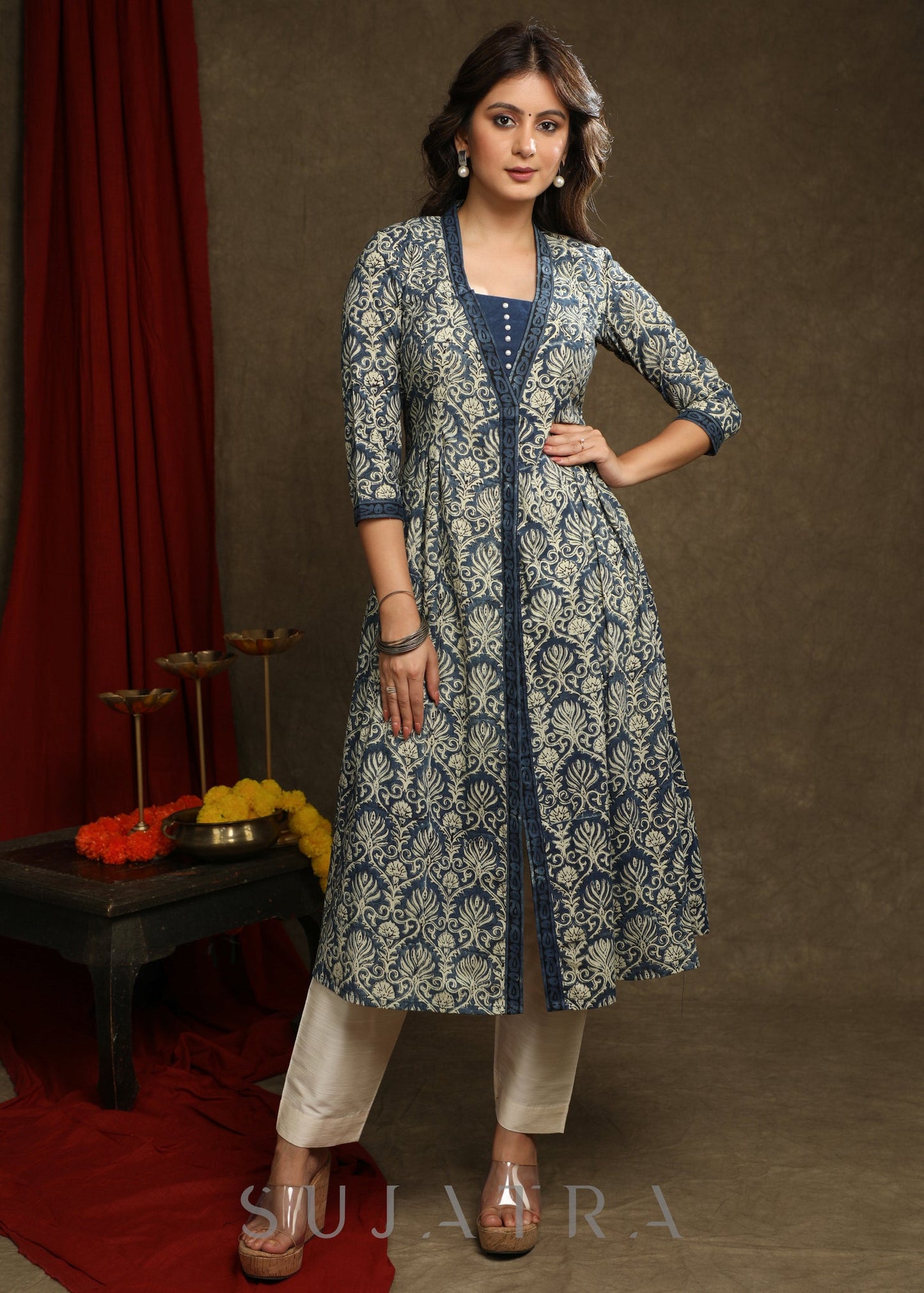 Smart Navy Blue Floral A-Line Jacket Style Kurta With Pearl Highlights - Pant Optional