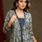 Smart Navy Blue Floral A-Line Jacket Style Kurta With Pearl Highlights - Pant Optional