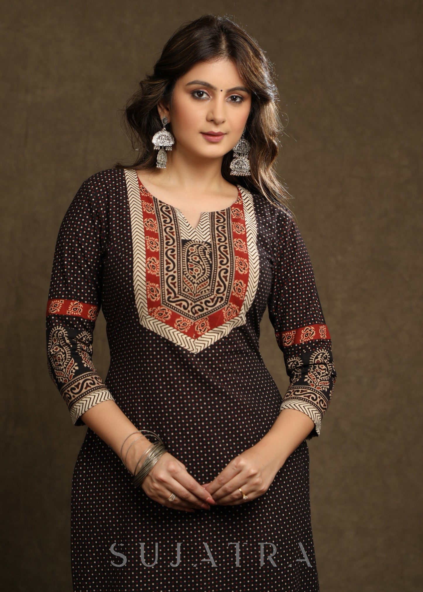 Exquisite Black Cotton Ajrakh Combination Kurta Pant Set - Dupatta Optional