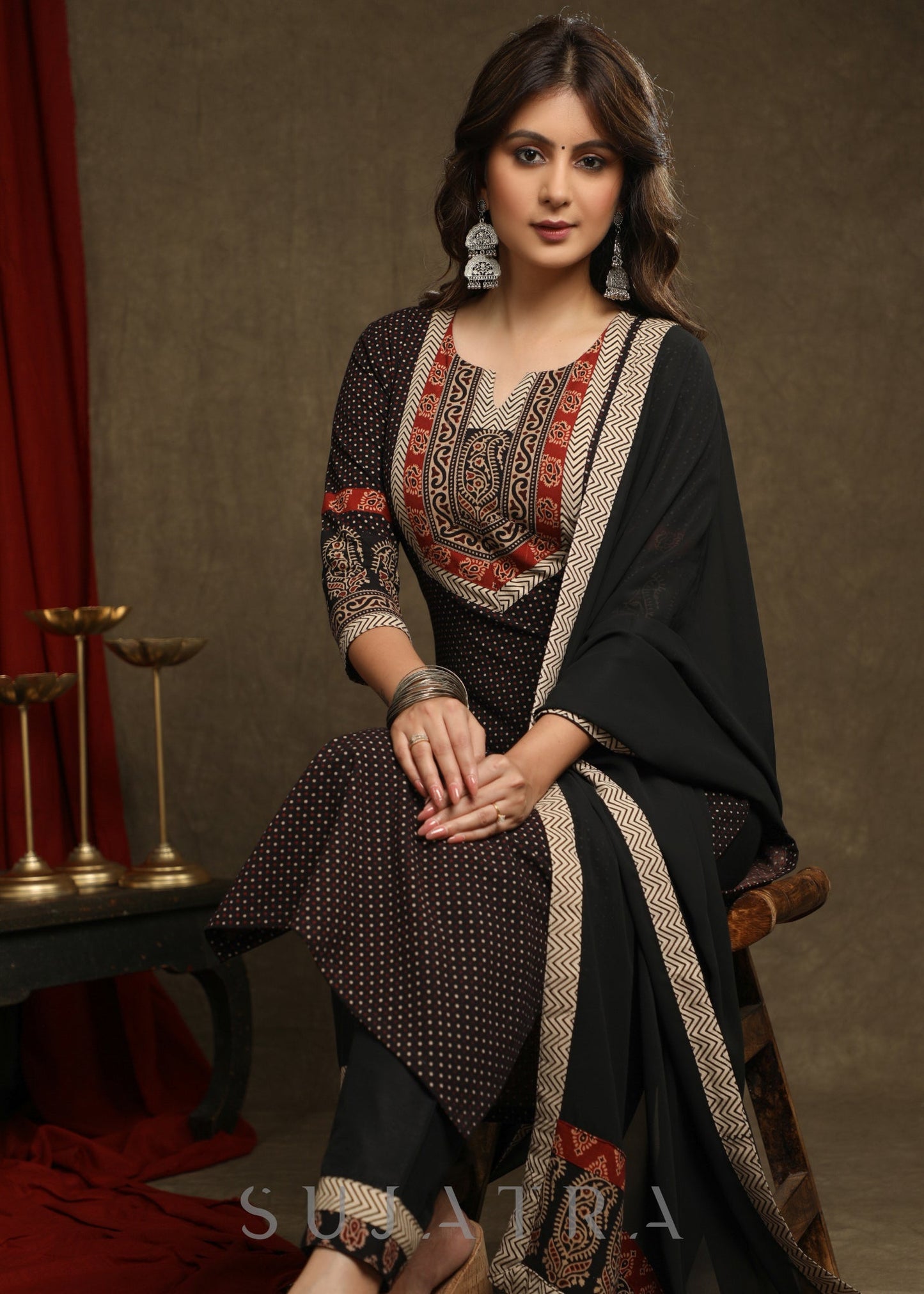 Exquisite Black Cotton Ajrakh Combination Kurta Pant Set - Dupatta Optional