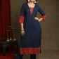 Smart Navy Blue Cotton  Ajrakh Combination Kurta With Pearl Embellishments - Pant Optional