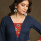 Smart Navy Blue Cotton  Ajrakh Combination Kurta With Pearl Embellishments - Pant Optional