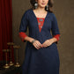 Smart Navy Blue Cotton  Ajrakh Combination Kurta With Pearl Embellishments - Pant Optional