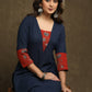 Smart Navy Blue Cotton  Ajrakh Combination Kurta With Pearl Embellishments - Pant Optional