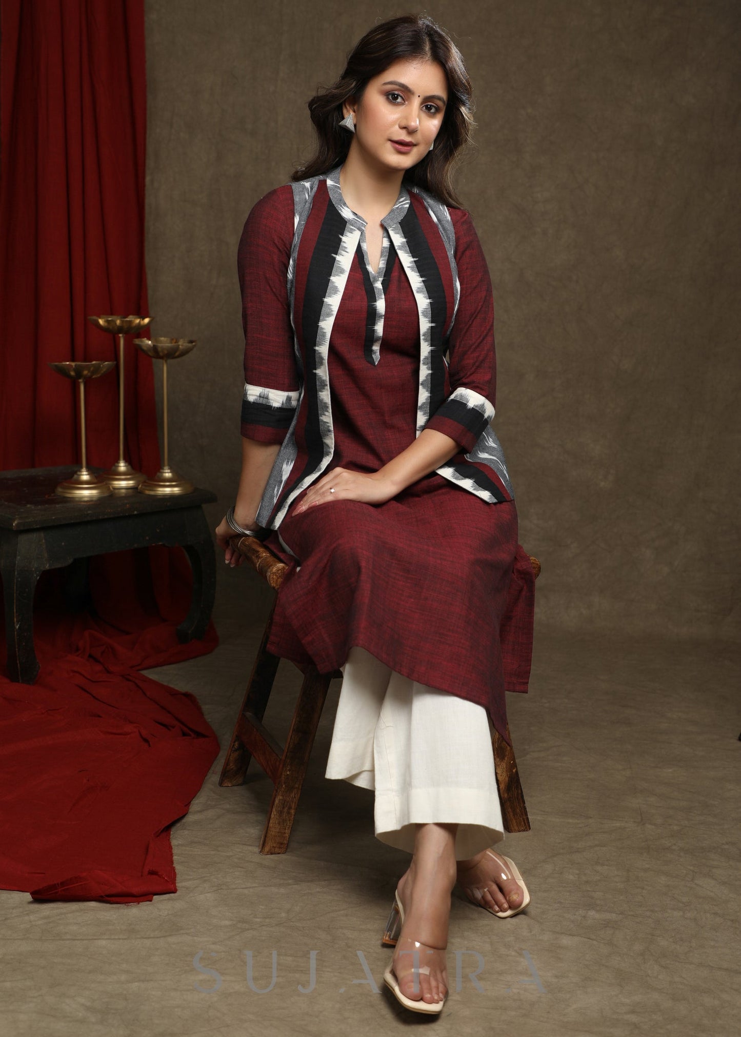 Exclusive Wine Pure Cotton Kurta - Multi Colour Ikat Jacket Optional
