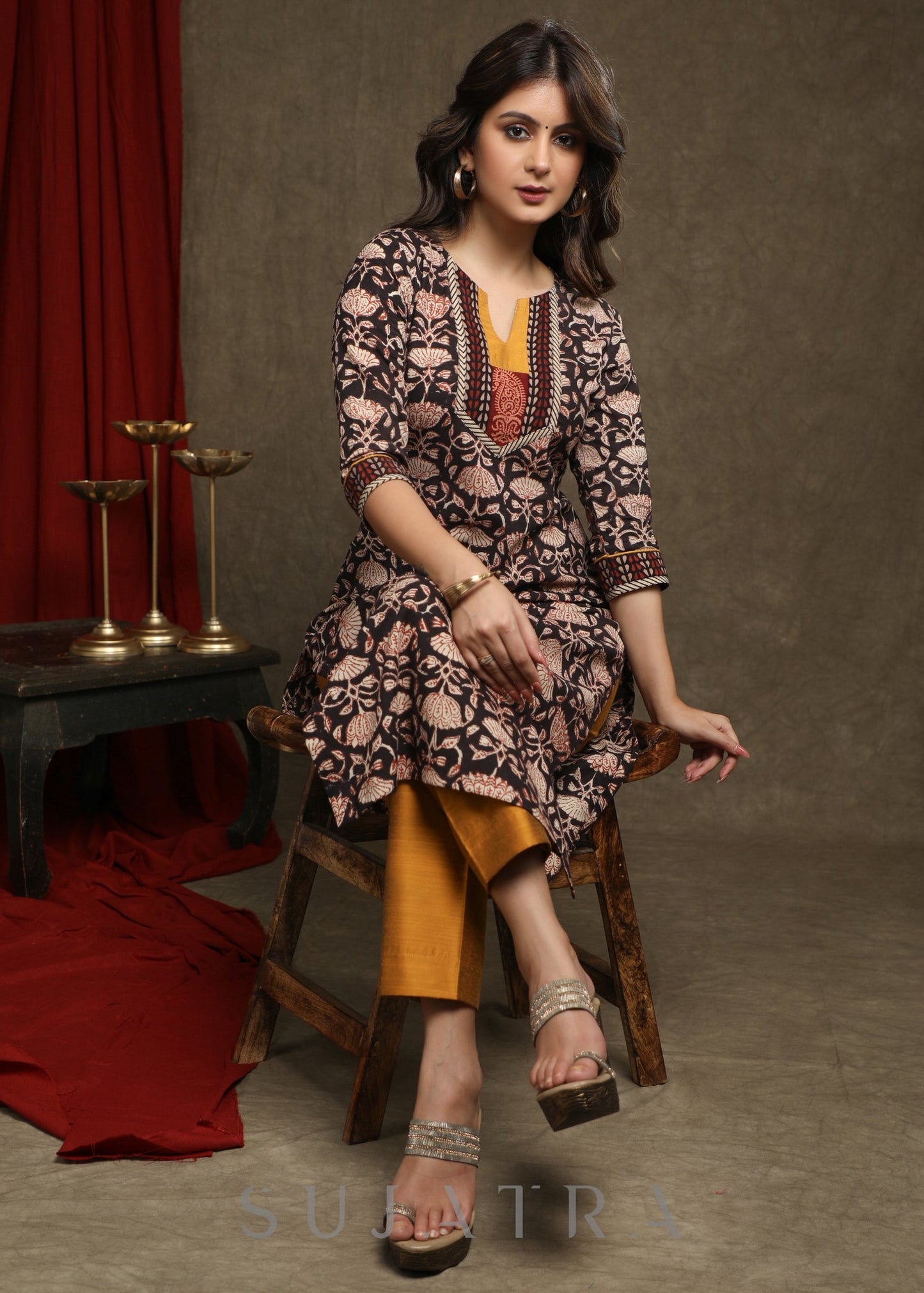 Exclusive Black Floral Printed Kurta With Mustard Combination Yoke - Pant Optionbal