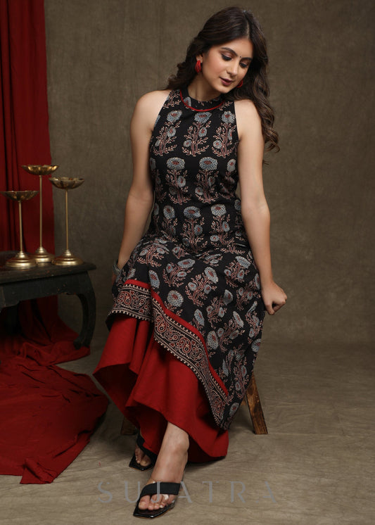 Stylish Black Cotton Floral Ajrakh Halter Neck A-Line Kurta  - Flared Palazzo Optional