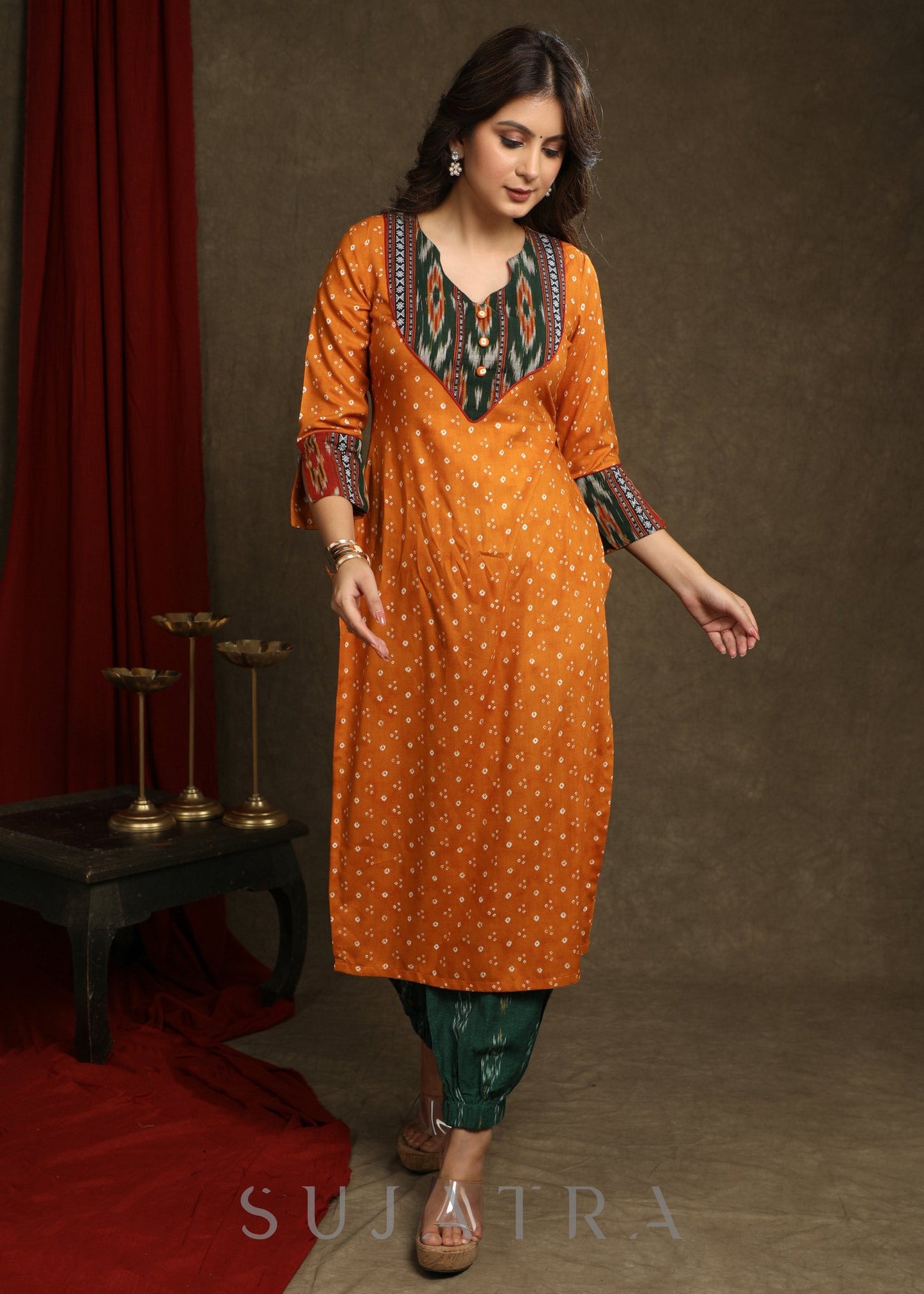 Beautiful Mustard Bandhani With Ikat Combination Kurta - Pant optional