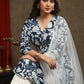 Exquisite Navy Blue Floral Printed A-Line Flared Kurta Highlighted With Beautiful Lace - Pant Optional