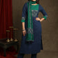 Exquisite Navy Blue Cotton  Ajrakh combination Straight Cut Kurta Paired With Ajrakh Stole - Pant Optional
