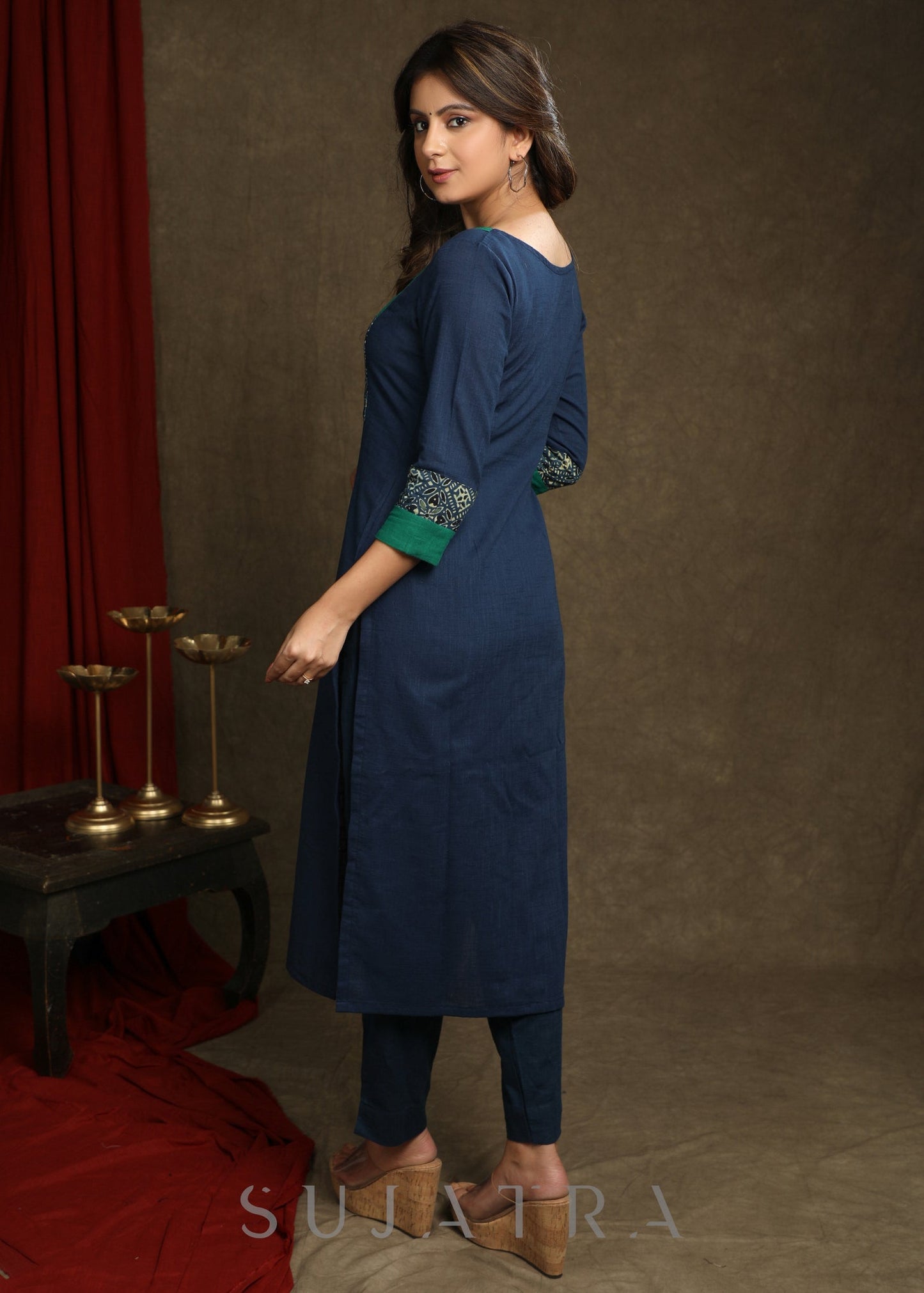 Exquisite Navy Blue Cotton  Ajrakh combination Straight Cut Kurta Paired With Ajrakh Stole - Pant Optional