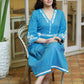 Elegant Powder Blue Cotton Embroidered Dress with Attached Belt