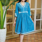 Elegant Powder Blue Cotton Embroidered Dress with Attached Belt