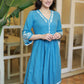 Elegant Powder Blue Cotton Embroidered Dress with Attached Belt
