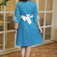 Elegant Powder Blue Cotton Embroidered Dress with Attached Belt