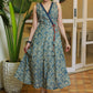 Classy Blue Floral Sleeveless A-Line Crossover Dress