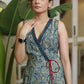 Classy Blue Floral Sleeveless A-Line Crossover Dress