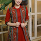 Classy Maroon Cotton A-Line Dress with Multi-Colour Ikat Sleeveless Jacket