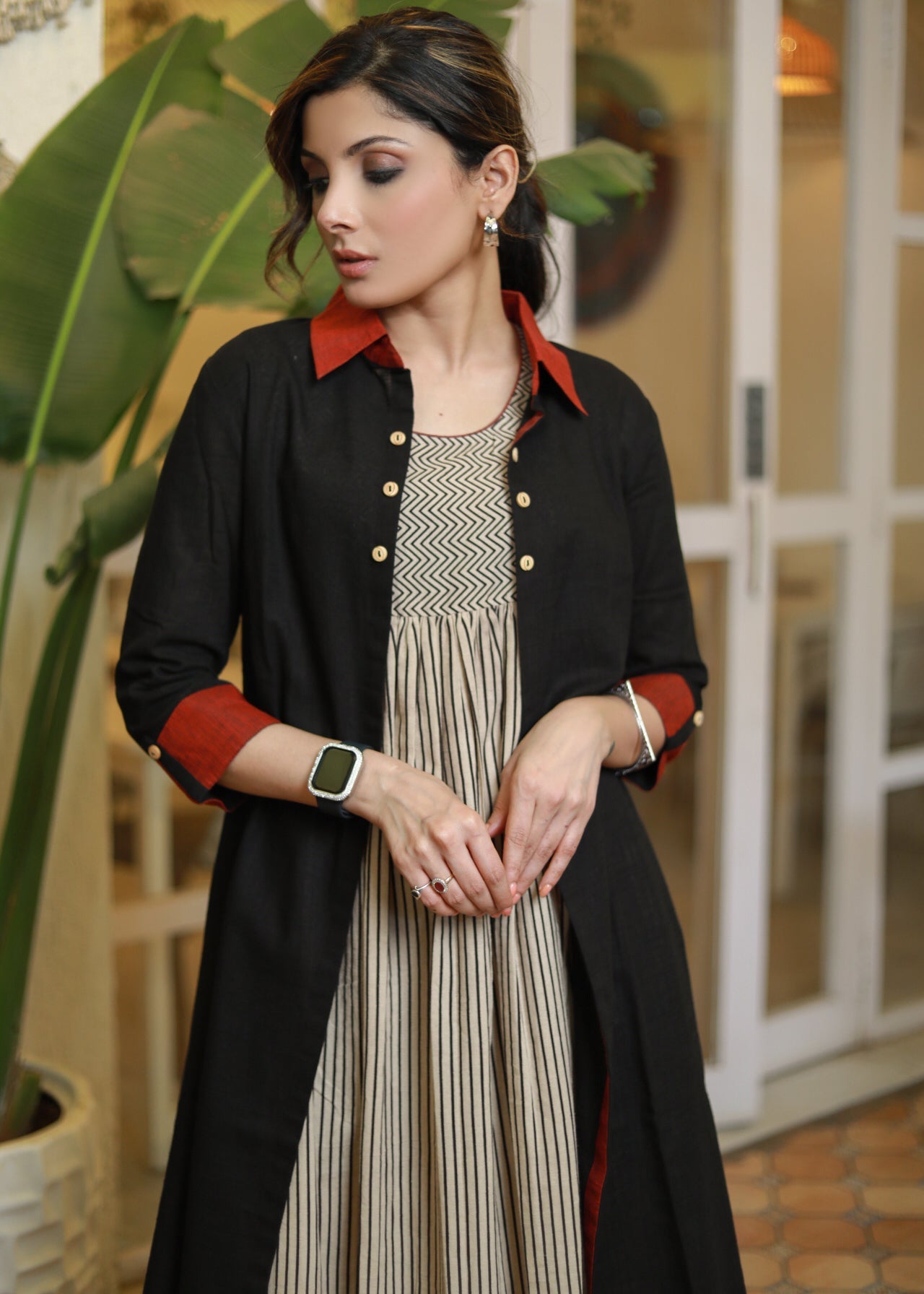Basic ZigZag and Stripes Cotton Inner with Black Jacket