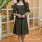 Classy Bottle Green Ajrakh A-Line Dress with Puff Sleeves