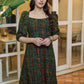 Classy Bottle Green Ajrakh A-Line Dress with Puff Sleeves
