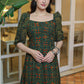 Classy Bottle Green Ajrakh A-Line Dress with Puff Sleeves