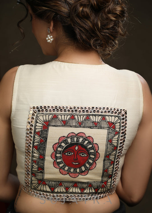 Classy Madhubani Hand Painting Off White Cotton Silk Blouse