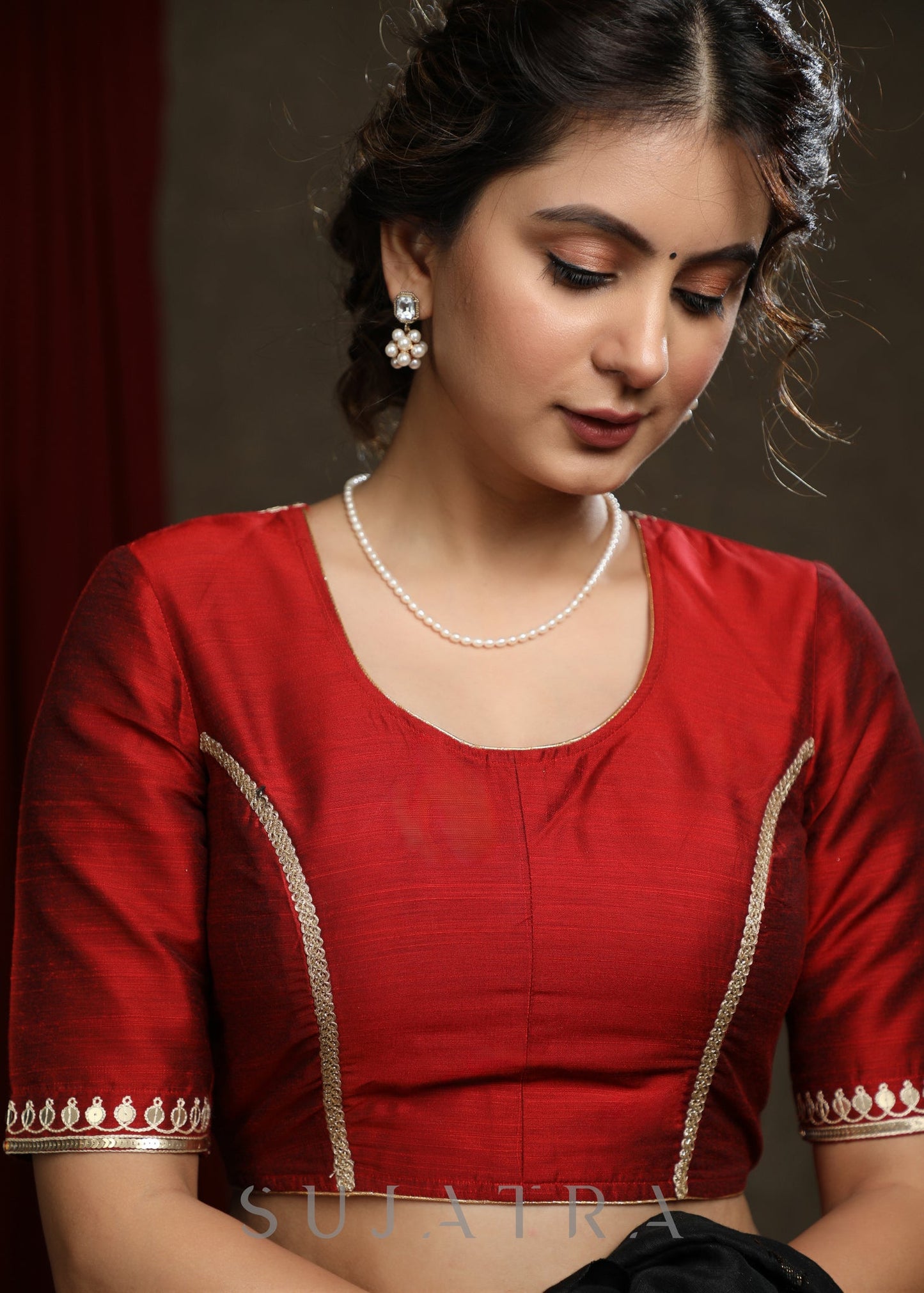 Graceful Hand Embroidered Maroon Cotton Silk Blouse