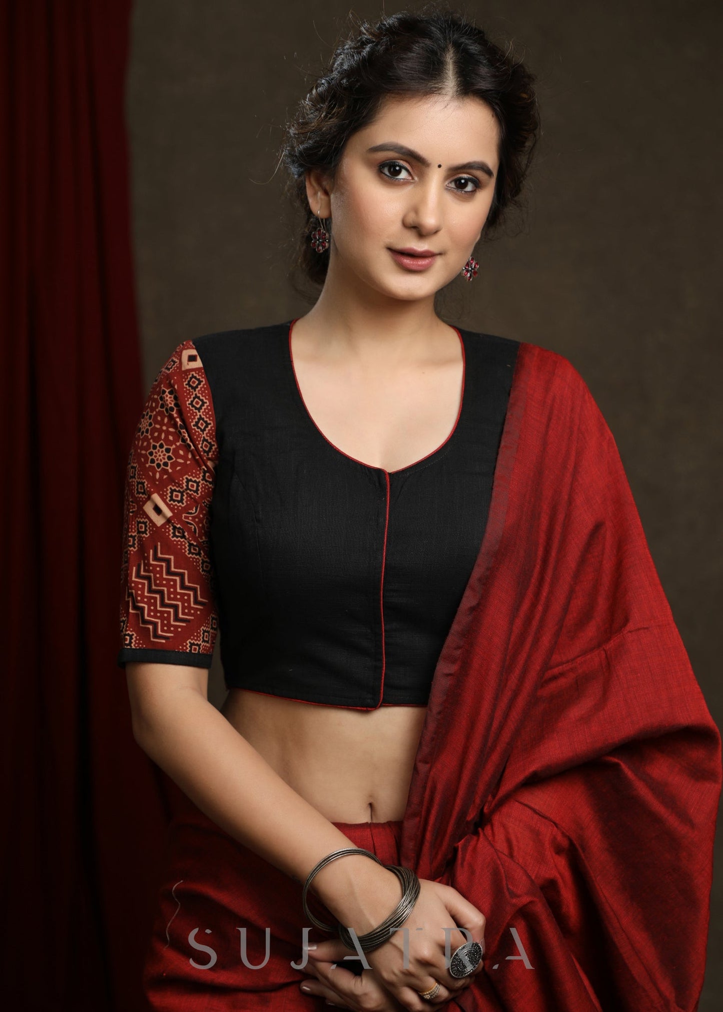 Trendy Black Cotton Ajrakh Combination Mirror Work Blouse - Plain Saree Optional