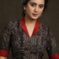 Black Cotton Ajrak Blouse with Maroon Jacket Collar