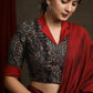 Black Cotton Ajrak Blouse with Maroon Jacket Collar