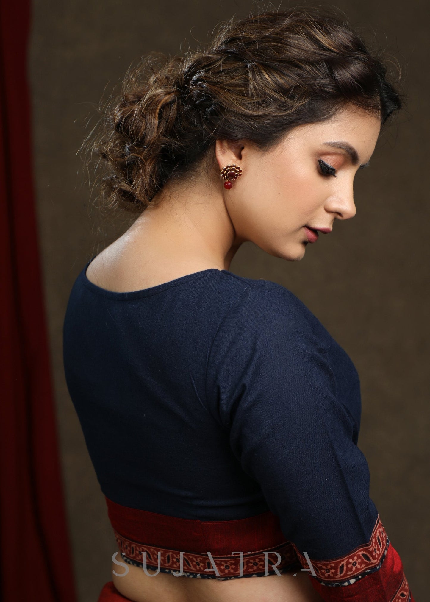 Classy Navy Blue Cotton Ajrak Combination Top