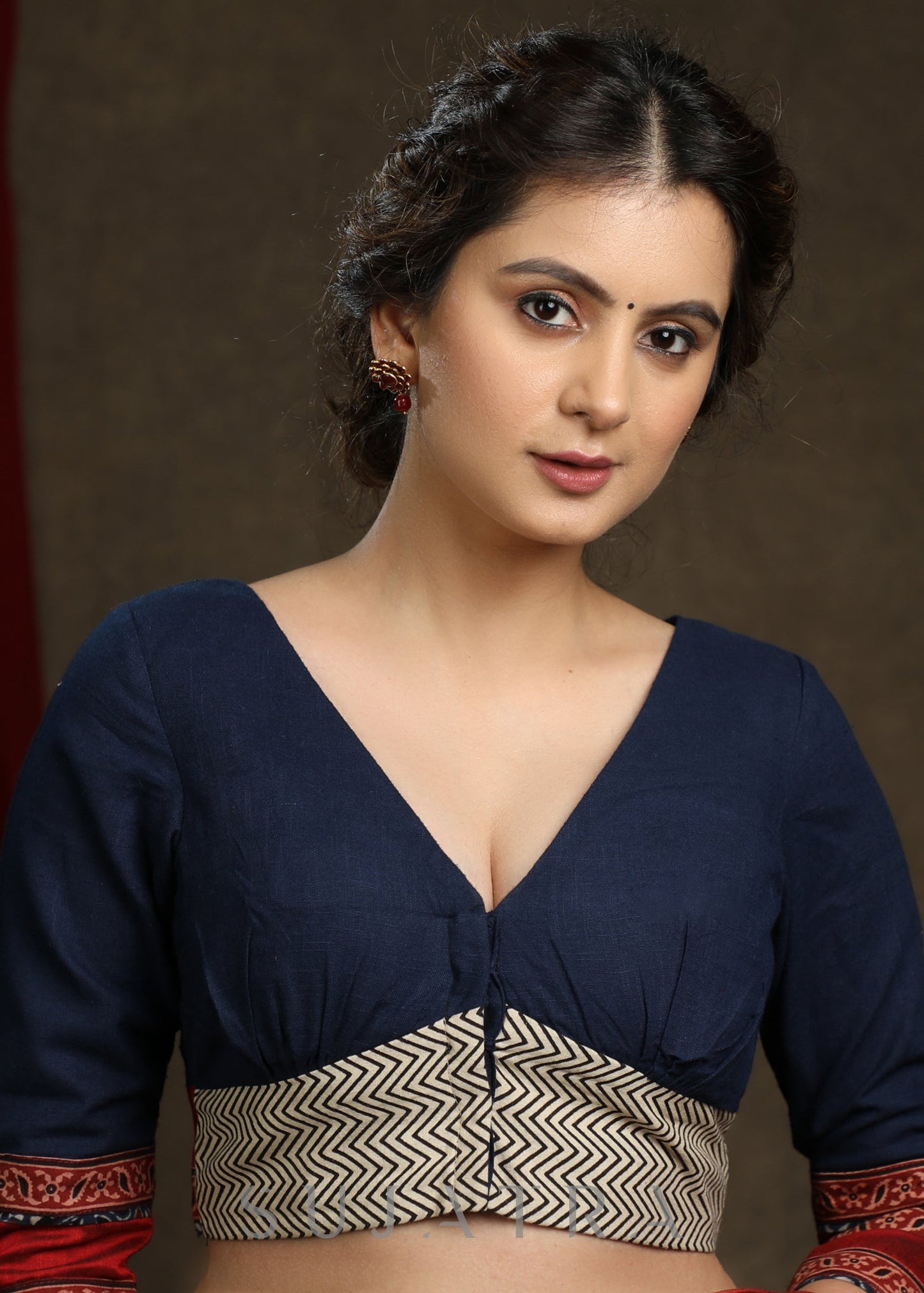 Classy Navy Blue Cotton Ajrak Combination Top