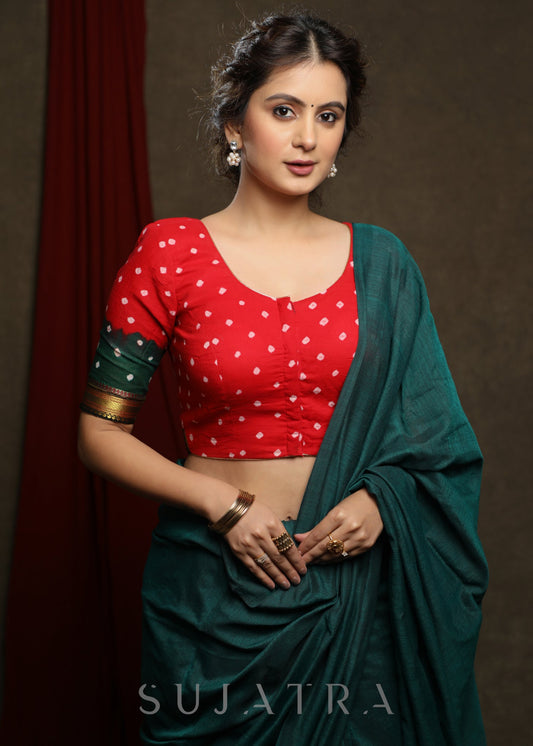 Red Bandhej Cotton Blouse with Lace Detailing