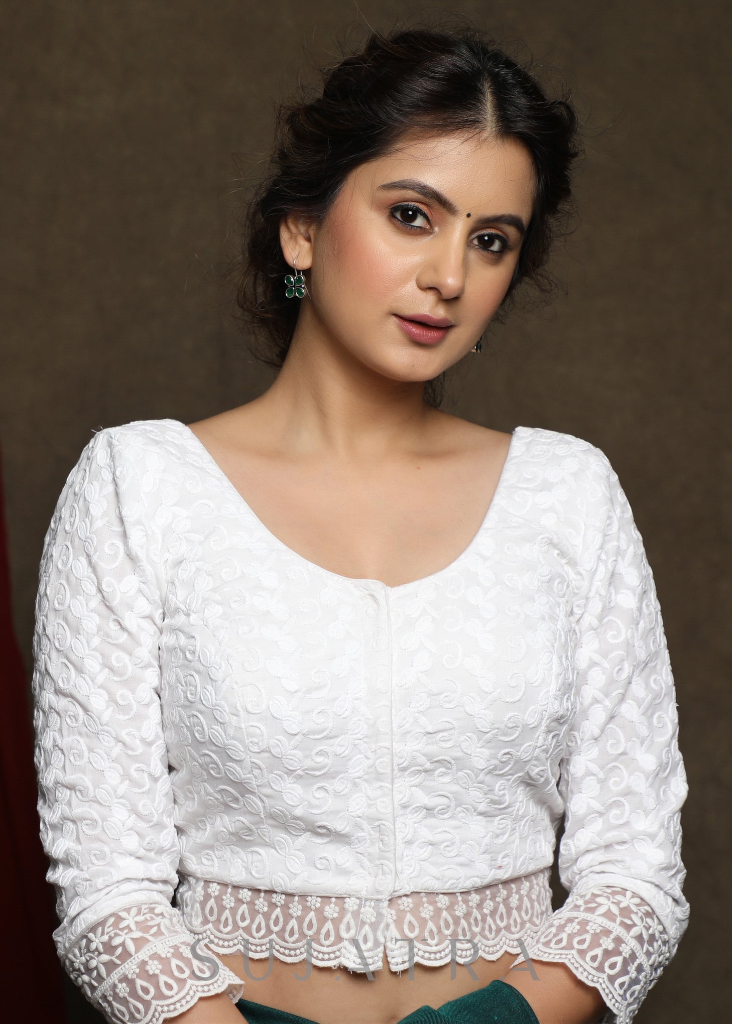 White embroidered three fourth sleeve blouse - Optional Plain