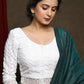 White embroidered three fourth sleeve blouse - Optional Plain Saree