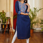 Beautiful Indigo Combination Navy Blue Cotton Straight Cut Kurta with Embroidery, Bead and Pearl Work