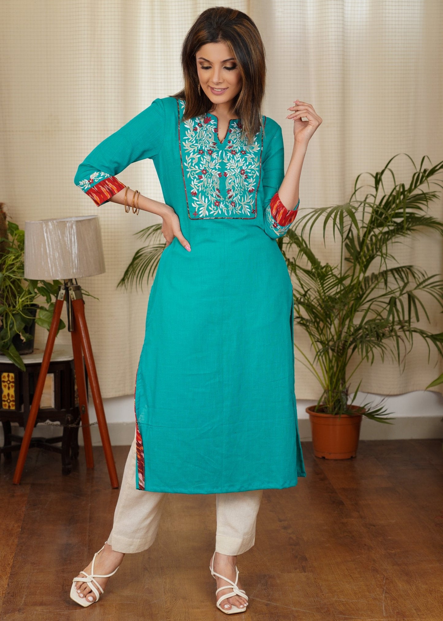 Elegant Straight Cut Cotton kurta With Pretty Embroidery Work on the Yoke