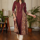 Unique A-Line Cotton Kalamkari and Ikat Combination Kurta with subtle Gold buttons