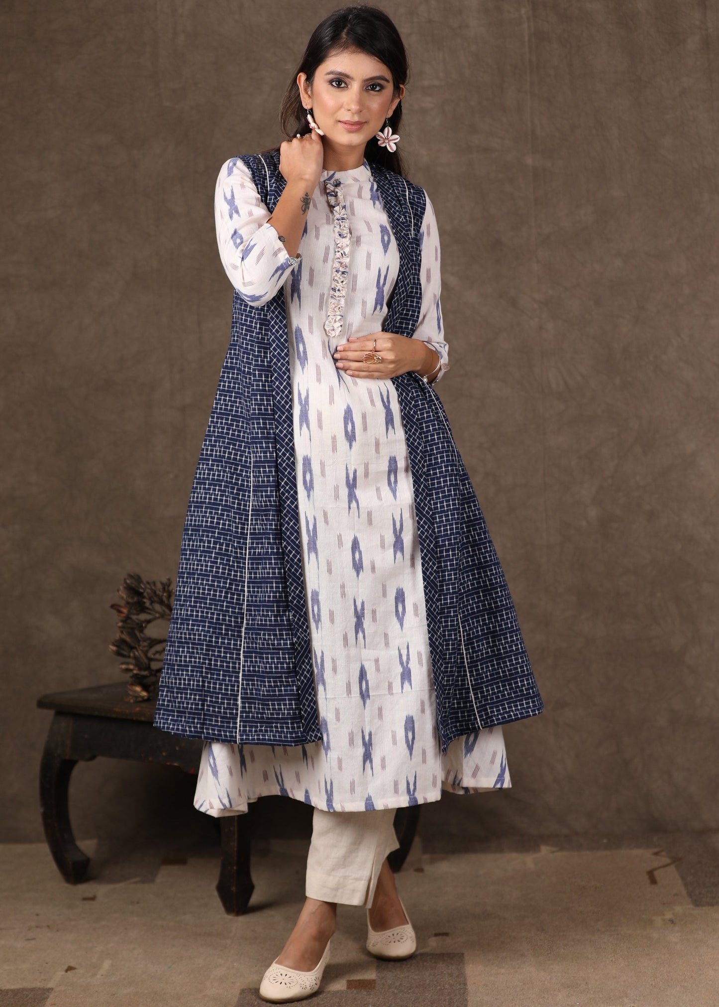 Classy Cotton Ikat A Line Kurta with Navy Blue Ikat Shrug - 2 Piece (Pant Additional)