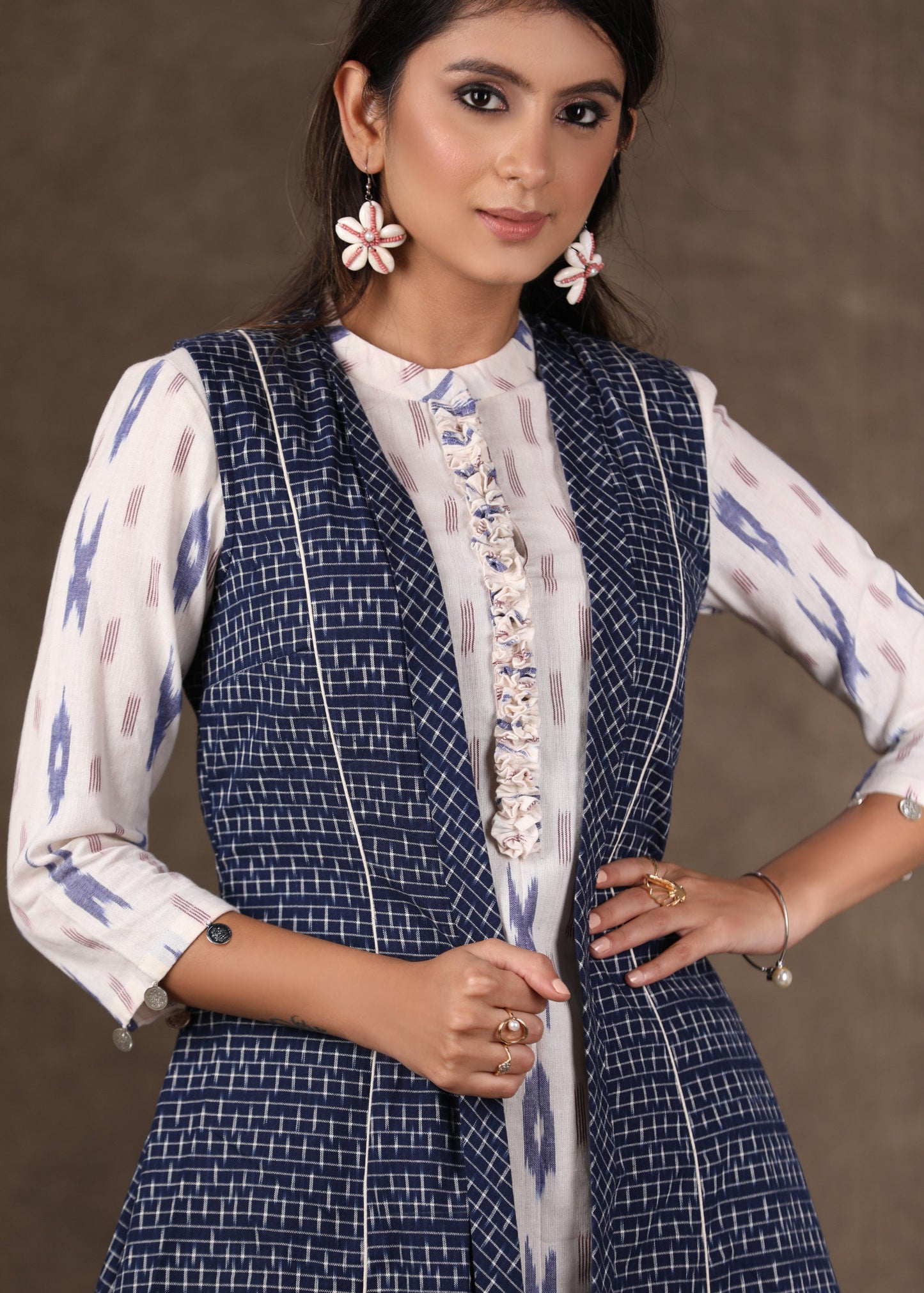 Classy Cotton Ikat A Line Kurta with Navy Blue Ikat Shrug - 2 Piece (Pant Additional)