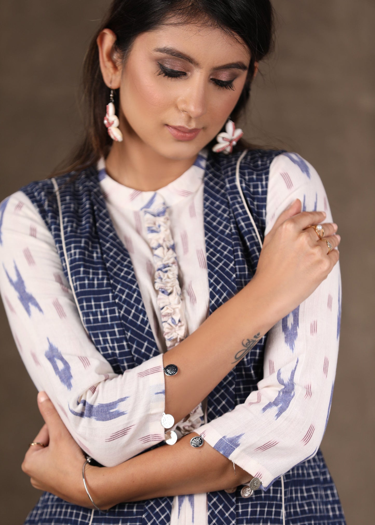Classy Cotton Ikat A Line Kurta with Navy Blue Ikat Shrug - 2 Piece (Pant Additional)