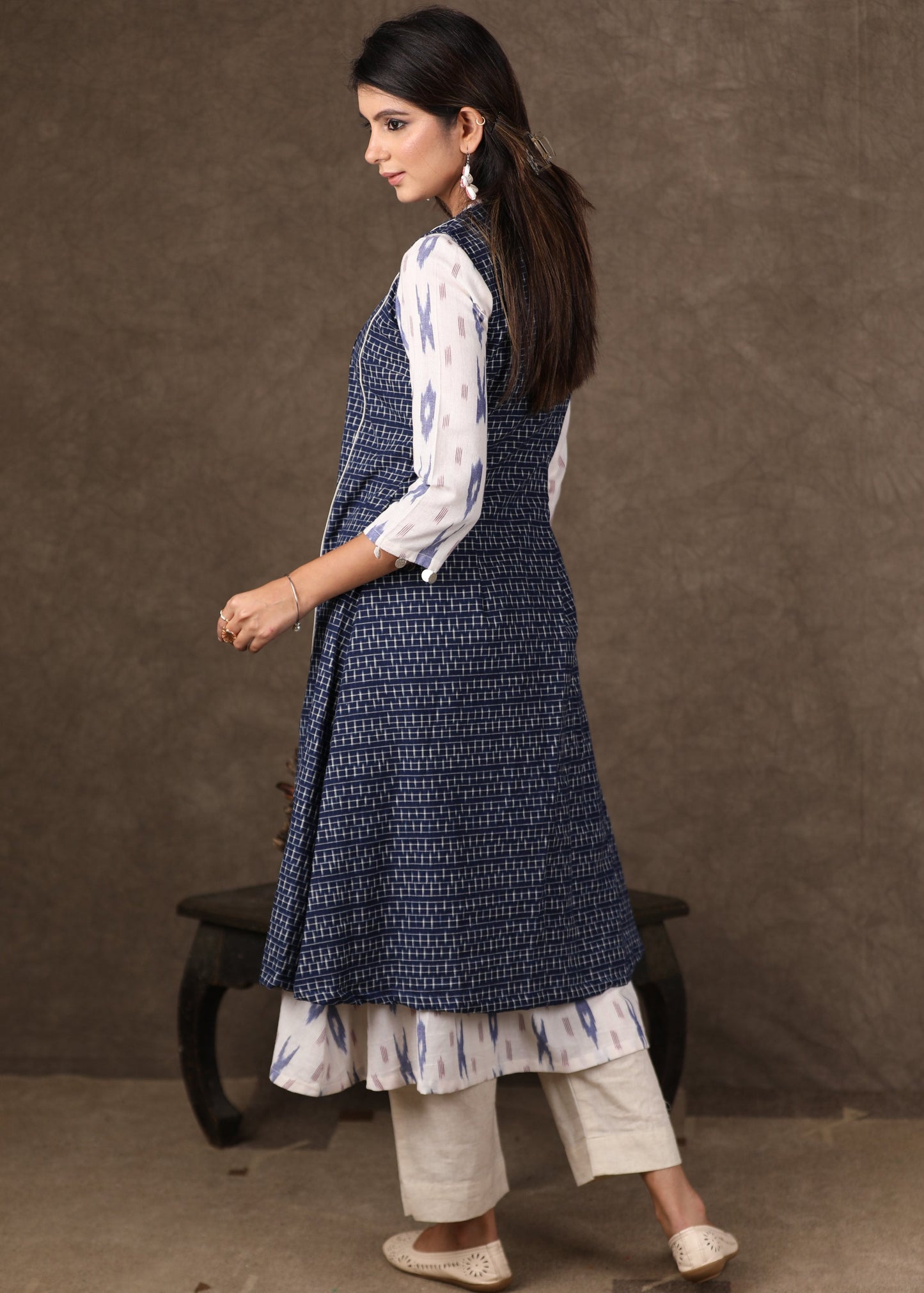 Classy Cotton Ikat A Line Kurta with Navy Blue Ikat Shrug - 2 Piece (Pant Additional)