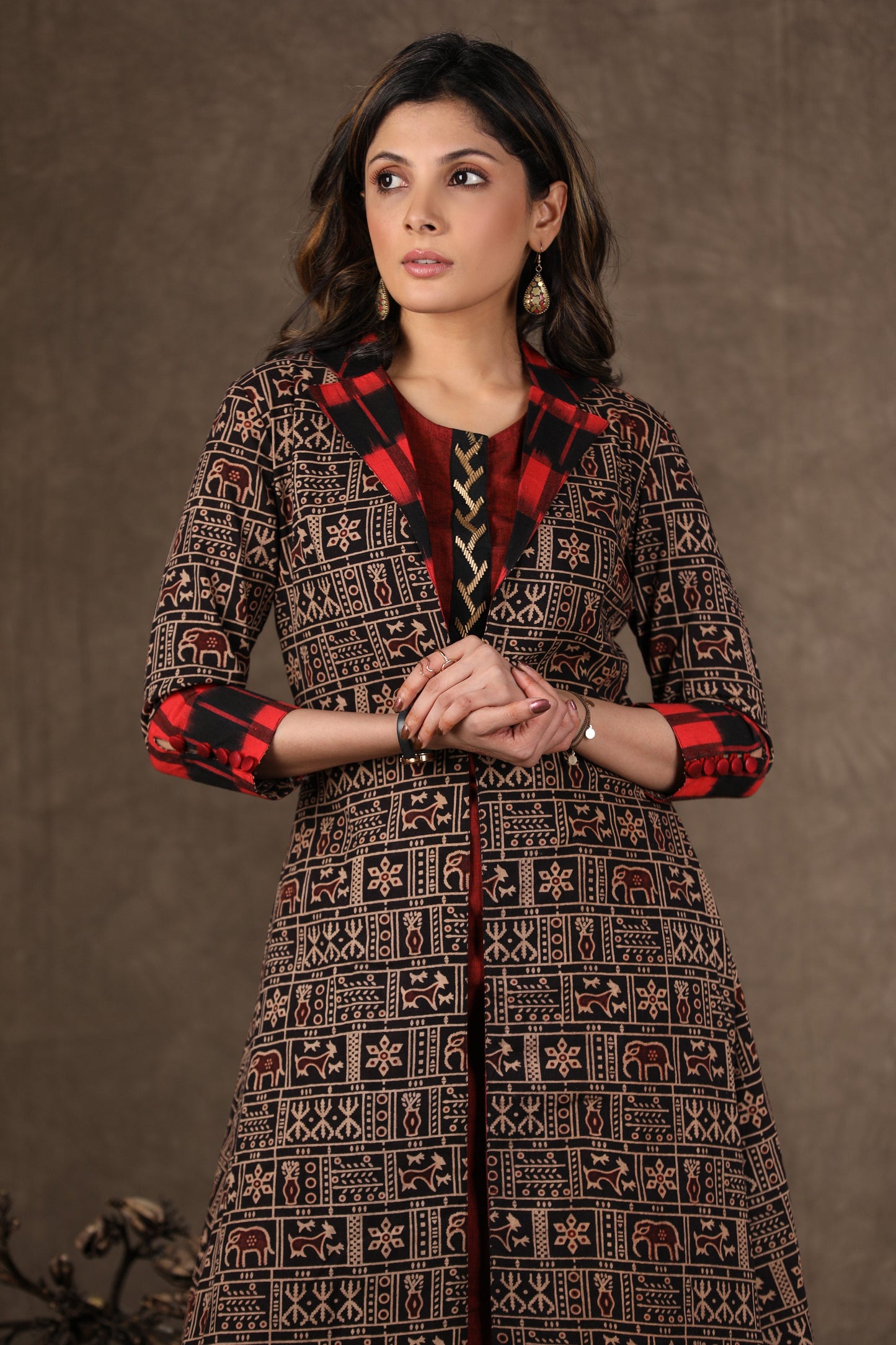 Black Ajrakh Jacket Style Kurta with Maroon Cotton Kurta with Antique Gold Hand Embroidery -2 Piece (Jacket + Inner) Pants Additional