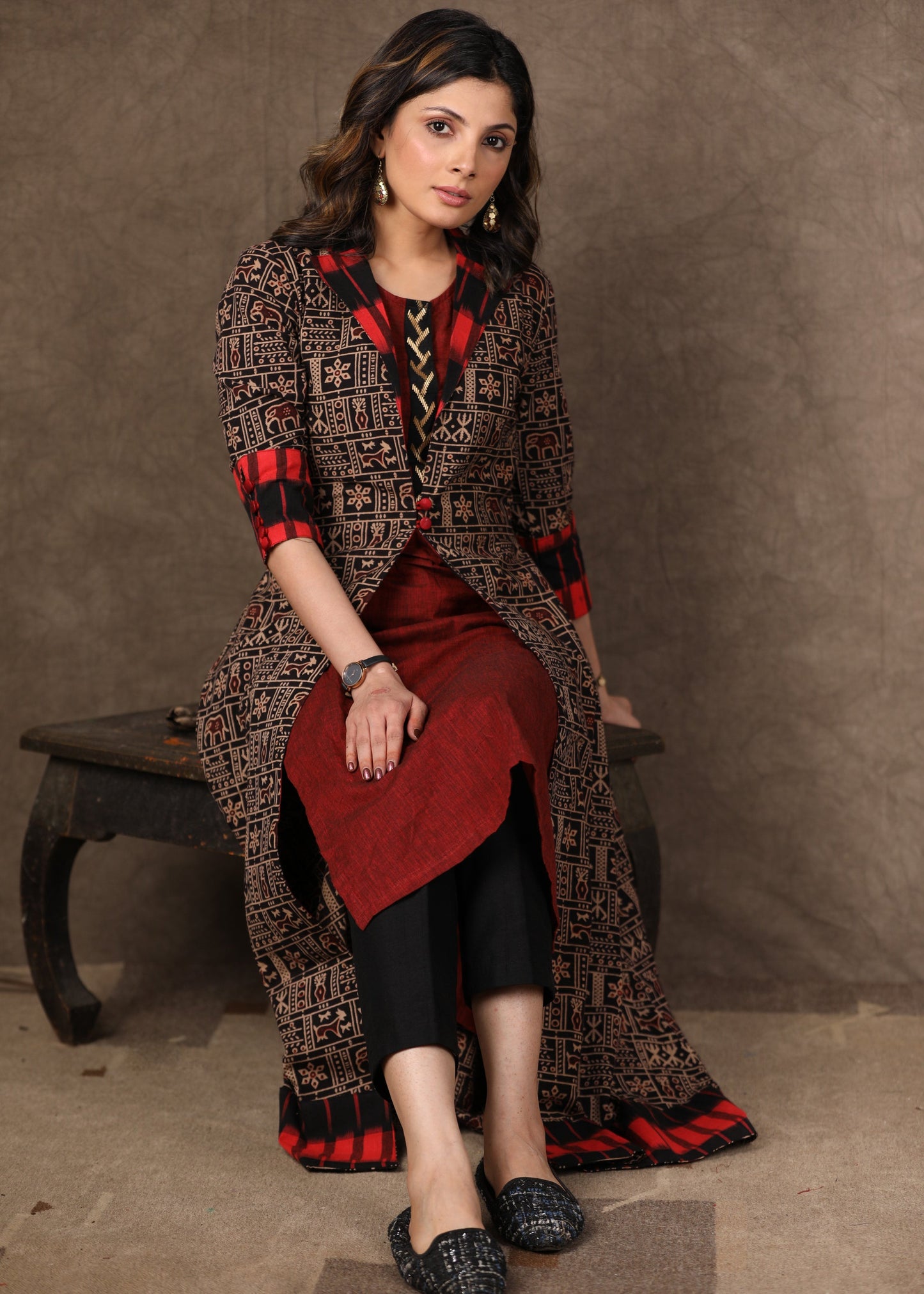 Black Ajrakh Jacket Style Kurta with Maroon Cotton Kurta with Antique Gold Hand Embroidery -2 Piece (Jacket + Inner) Pants Additional